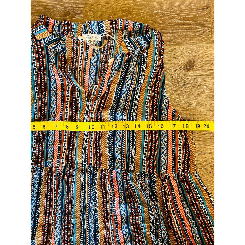 Easel Los Angeles Tiered Mini Dress Womens M Boho Rayon Tribal Print Pockets - Picture 8 of 9